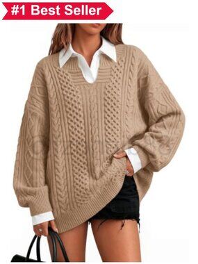 👚 Oversized Cable Knit V-Neck Pullover Sweater Long Sleeve Casual